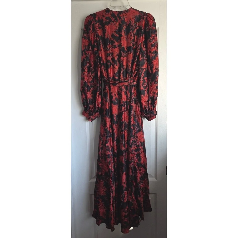 CABALLERO Anthro Red Black Silk Abstract Wrap Midi Dress Long Puff Sleeve Size M